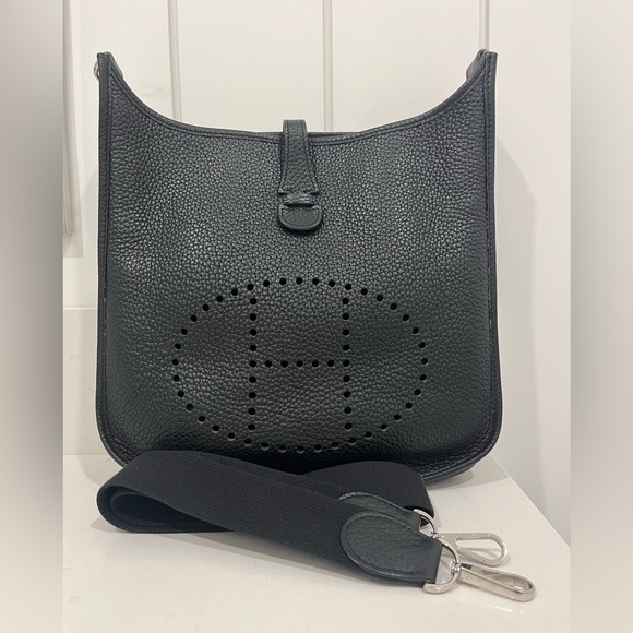 Hermes Handbags - Authentic Hermes Blk Clemence Evelyne PM Palladium Hardware, Hermes canvas strap